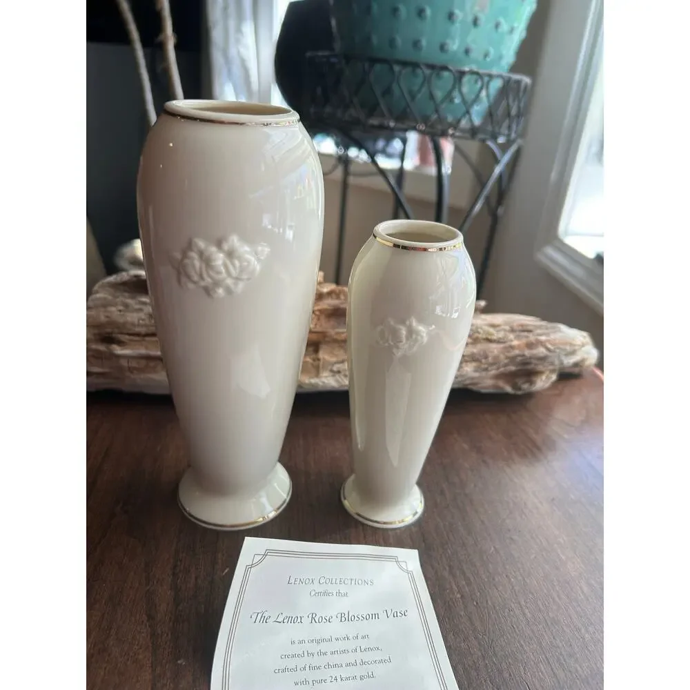 Vintage Porcelain Lenox Ivory Set of 2 Rose Bud Vases w/ Gold Accents